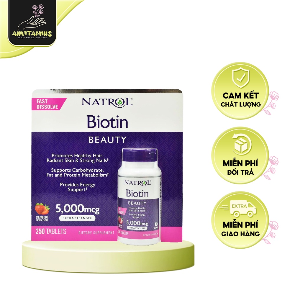 Viên ngậm hương dâu đẹp da Natrol Biotin Beauty Extra Strength - Anvitamins