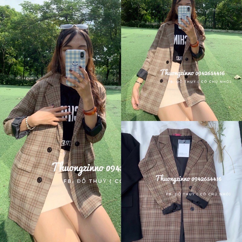 [Ảnh thật/Video Áo Blazer Ulzzang kẻ nâu vintage form rộng hàng chất lượng cao | BigBuy360 - bigbuy360.vn