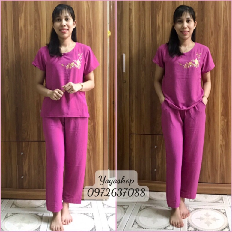 Bộ đũi tay bó ngắn Quần dài người trung niên cho mẹ - Bộ đũi Phối thêu Cho Mẹ cho Bà