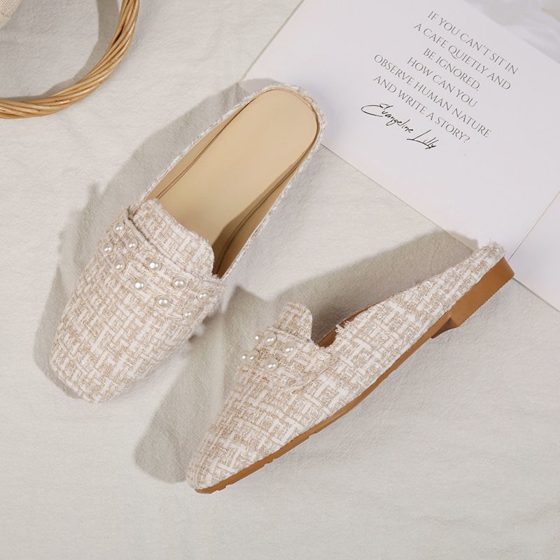 Dép sục nữ chất dạ trắng, mũi tròn đế thấp