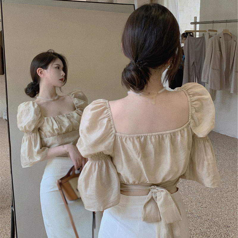 Áo Croptop Cổ Vuông Màu Trơn Phối Nơ Sau Lưng Thiết Kế Quyến Rũ Cho Nữ