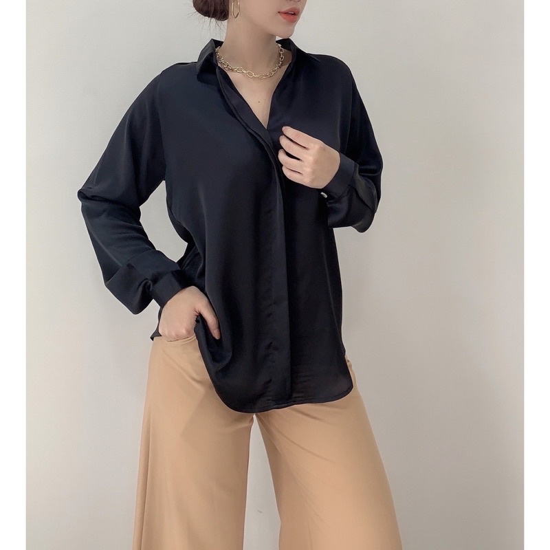 Áo sơmi phi satin nẹp viền