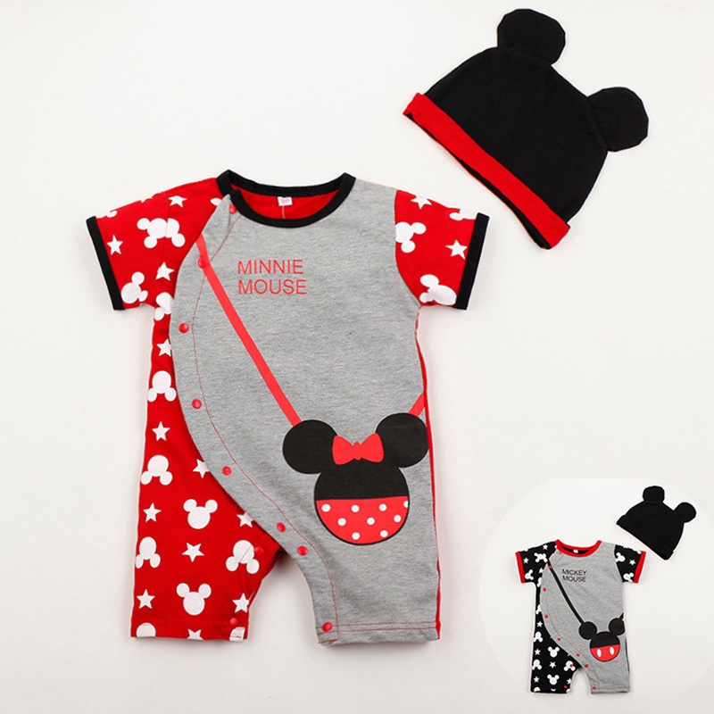 Bộ Áo Liền Quần Ngắn Tay + Mũ In Hình Chuột Mickey Cho Bé