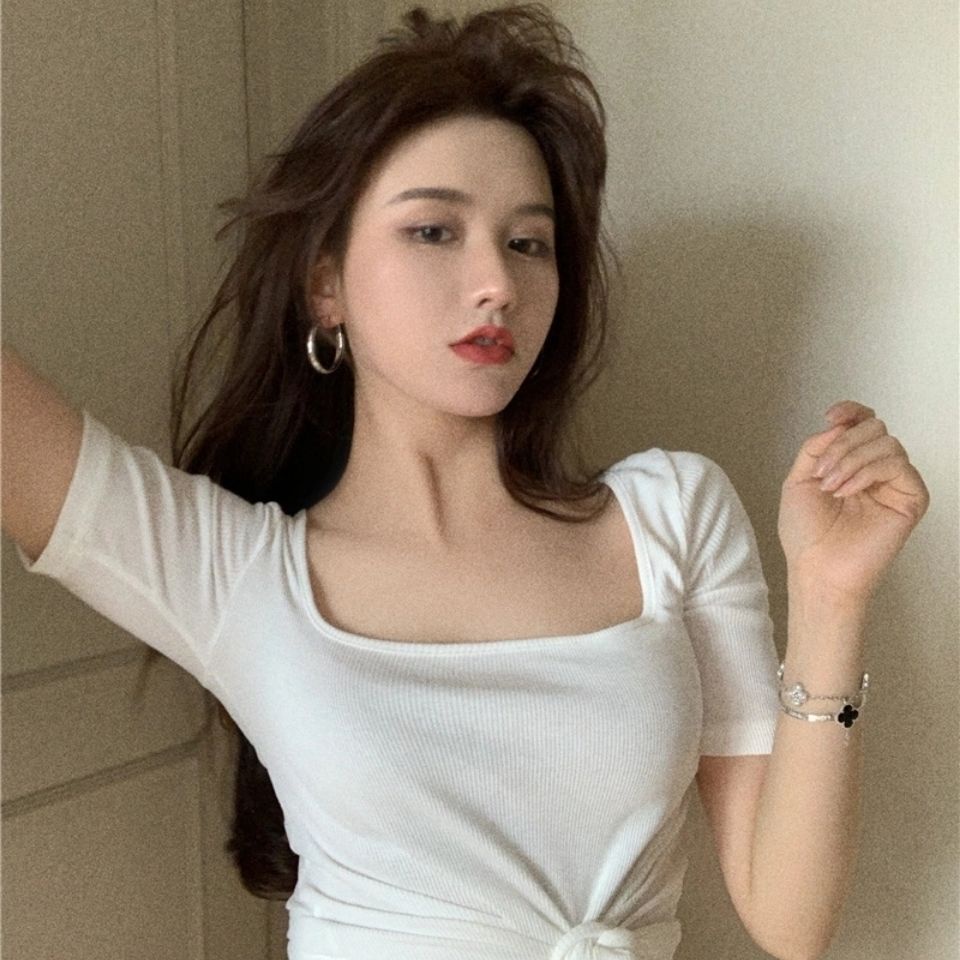 Áo Thun Dệt Kim Cổ Vuông Tay Ngắn Hở Vai Màu Trơn Thời Trang Dành Cho Nữ