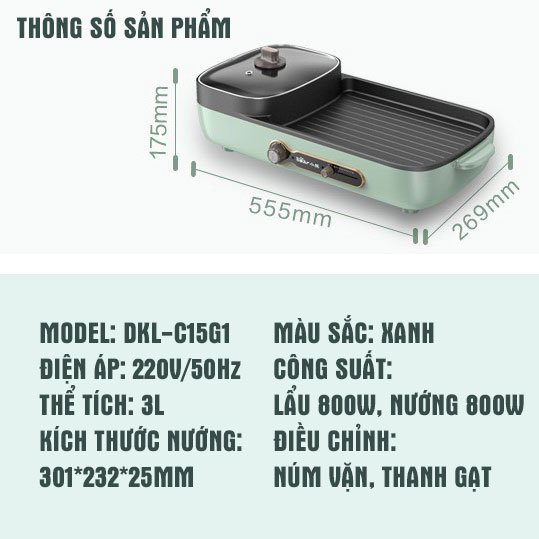 Bếp lẩu nướng đa năng cao cấp logo Cát Á 2in1 - vừa lẩu vừa nướng siêu tiện lợi - Công suất 1500W
