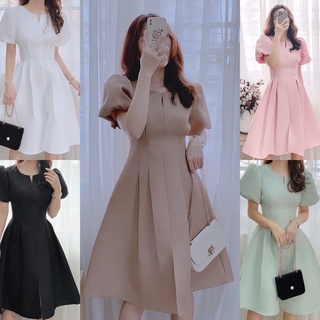 Đầm xốp dáng xoè tay phồng Nâu/Đen/Hồng/Trắng/Xanh