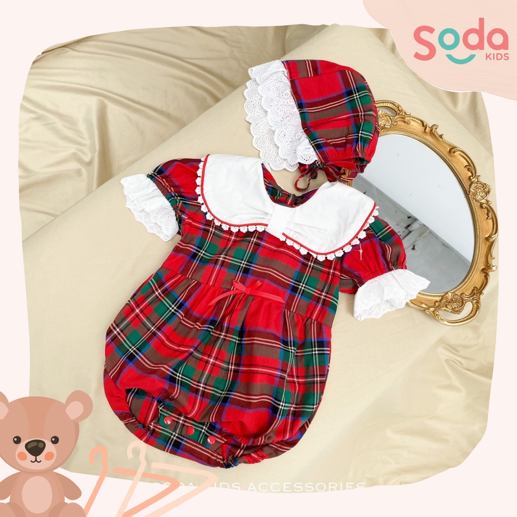 Bộ liền kẻ đỏ cổ trắng kèm mũ (Ảnh thật)