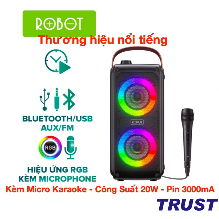 Loa Bluetooth 5.0 Loa Bluetooth Ngoài Trời Hiệu Ứng LED ROBOT RB490 - Kèm Micro Karaoke - Công Suất 20W - Pin 3000mA