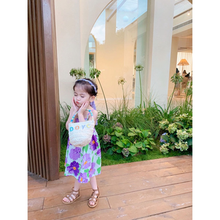 Đầm Hai Dây Mùa Hè Bằng Vải Cotton Nhẹ In Họa Tiết Hoa Màu Đỏ Và Tím Cho Bé Gái 3-8 Tuổi