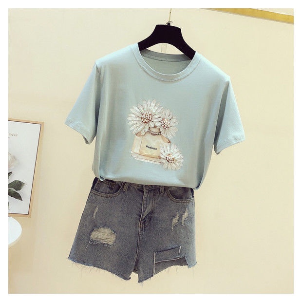 Áo thun ngắn tay in hình hoa cúc nhỏ thời trang mùa hè Hàn Quốc hạt cườm nhỏ 100% cotton