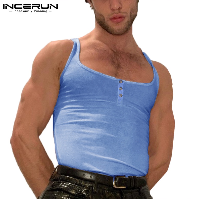 Áo ba lỗ nam INCERUN không tay phối nút màu trơn thường ngày mùa hè có 2 màu