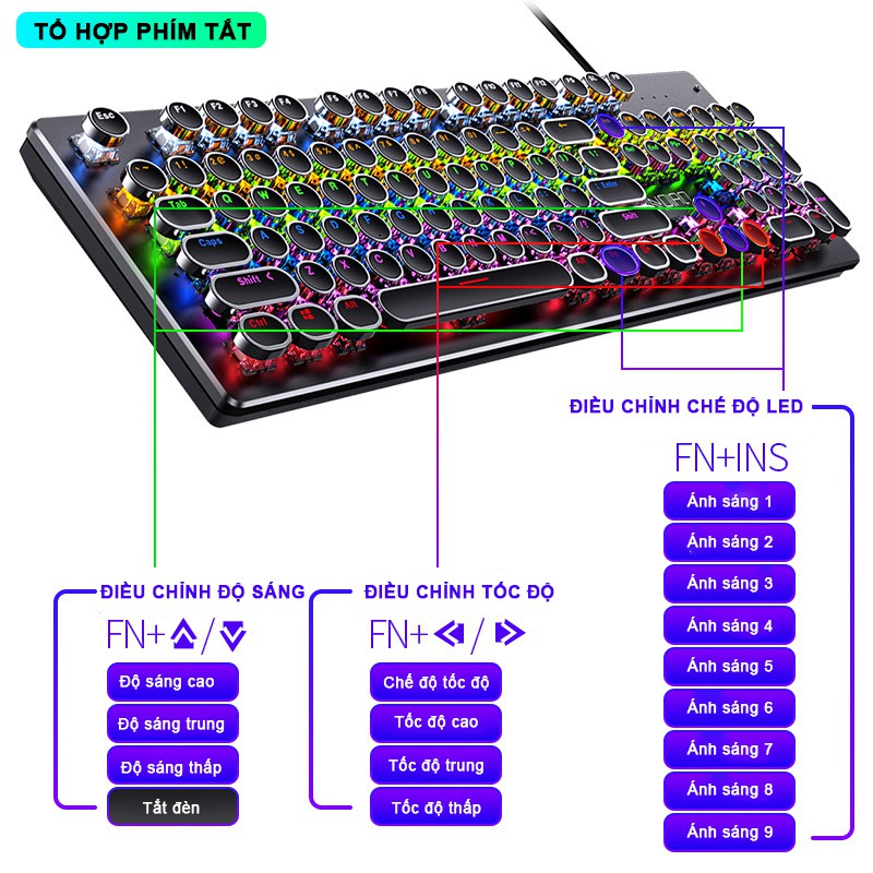 Bàn phím cơ gaming RGB SIDOTECH YINDIAO KZ4 dòng bàn phím máy tính phím tròn LED 8 chế độ tuổi thọ 50 triệu lần bấm