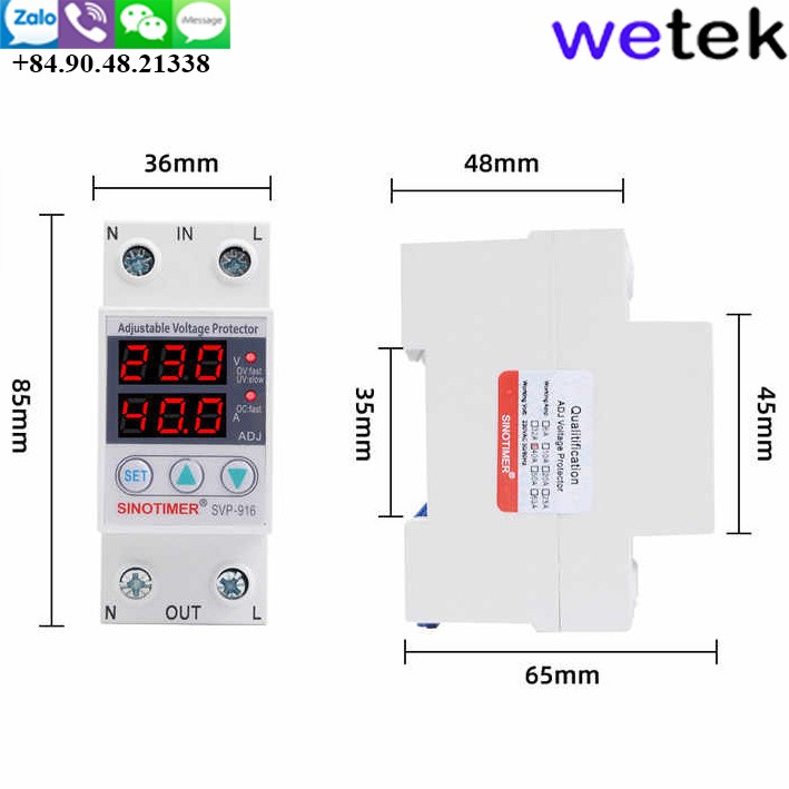 Relay  bảo vệ điện áp 220V dân dụng, cao áp, thấp áp, mất trung tính,quá dòng, Sinotimer SVP-916-40A, LED hiện dòng, áp