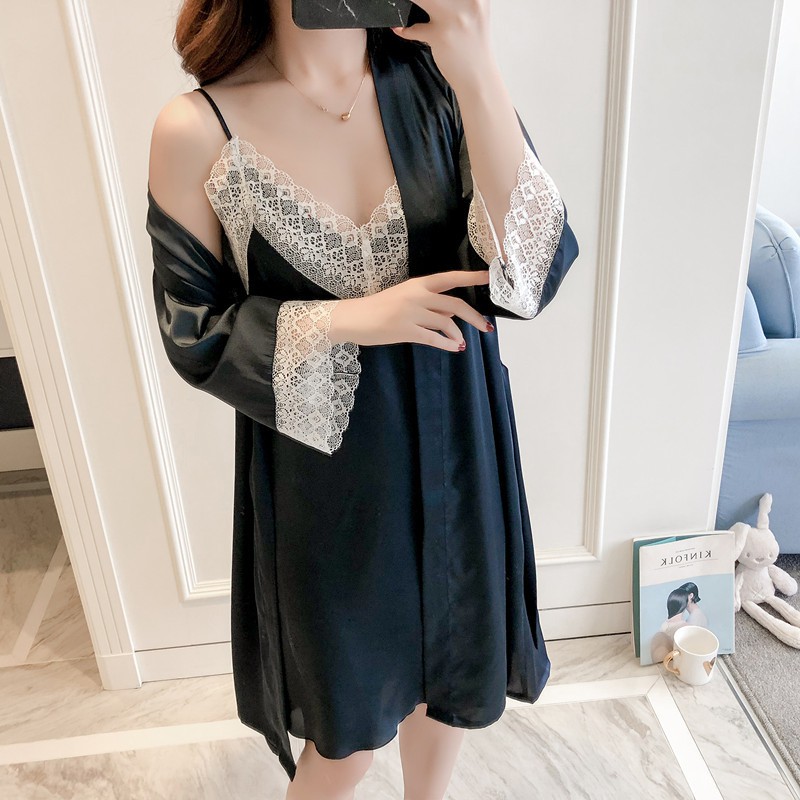 Set Đầm Ngủ Hai Dây Cổ Chữ V Phối Ren + Áo Choàng Chất Liệu Lụa Lạnh Quyến Rũ Cho Nữ | BigBuy360 - bigbuy360.vn