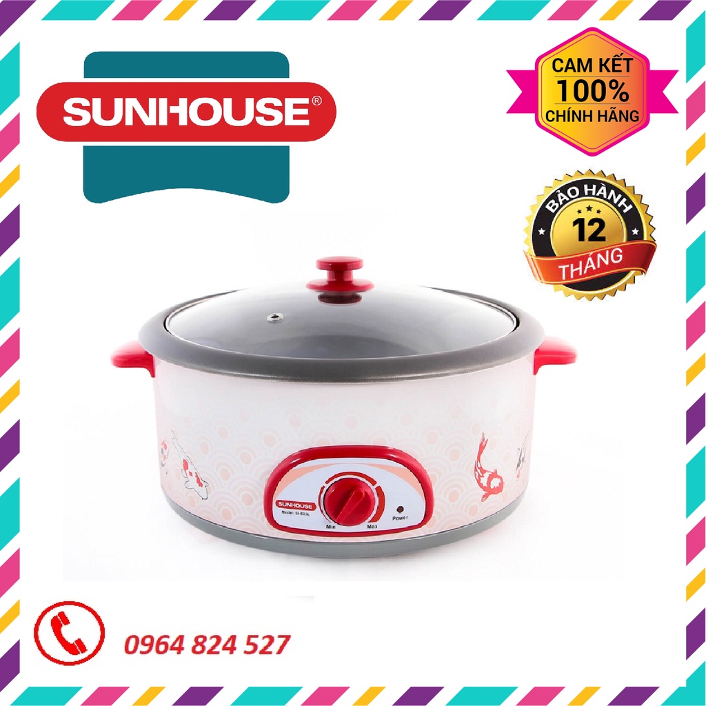 Nồi lẩu điện Sunhouse SH525L- Vỏ thép sơn tĩnh điện, chống dính cao cấp- Dung tích 4L, Trắng đỏ