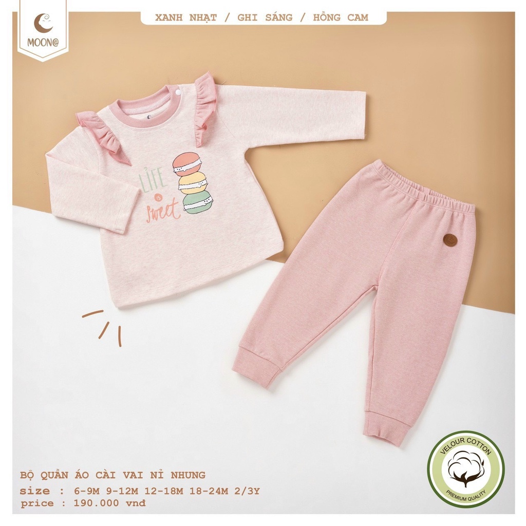 Bộ dài tay cài vai chất nỉ nhung dày dặn họa tiết cho bé Moon