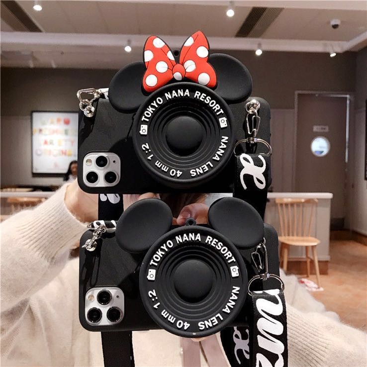 Ốp điện thoại có ví dây kéo kiêm giá đỡ hình Mickey Minnie và dây đeo cho iPhone 12 11 Pro Max X XS Max XR 6 6S 7 8 Plus SE 2020