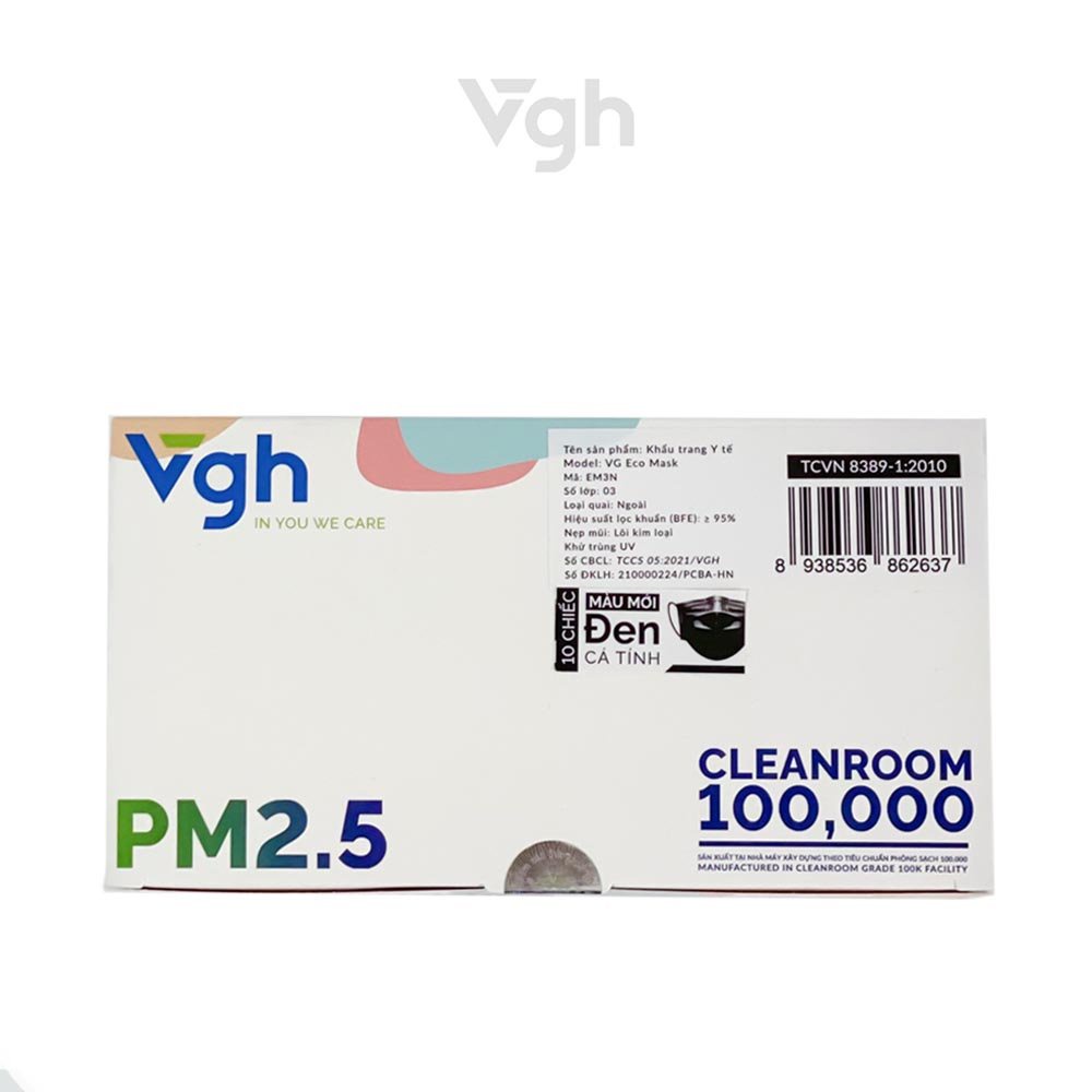Khẩu trang y tế VG Eco Mask màu đen cá tính kháng khuẩn và bụi siêu mịn 95%  - Chính hãng VG Healthcare -  Hộp 50 chiếc