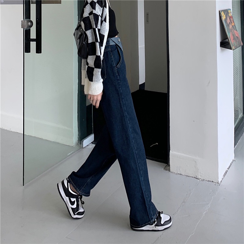 Quần jeans ống rộng lưng cao phối cạp tam giác màu xanh dương đậm thời trang cho nữ hàng loại 1