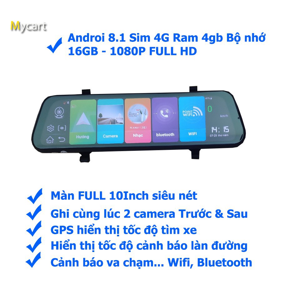 Camera hành trình bộ nhớ 16G tích hợp gương 4G android 8.1