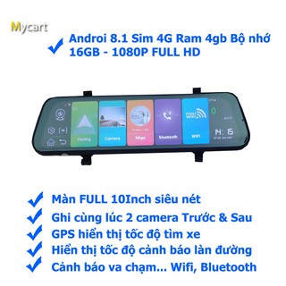 Camera hành trình bộ nhớ 16G tích hợp gương 4G android 8.1