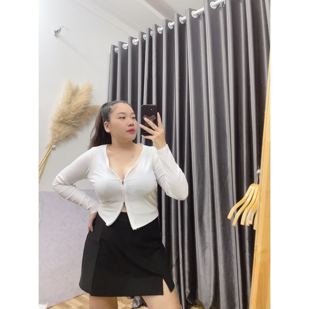 Áo thun Tay Dài Nữ Bigsize(58kg đến 85kg) Thu Đông,Áo KIểu Nữ Croptop Tay Dài Kéo Khóa Chất Thun Gân Tăm Ôm Body G12