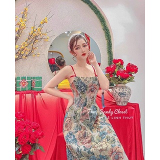 Đầm hoa thun umi 2 dây eo ôm dáng xòe