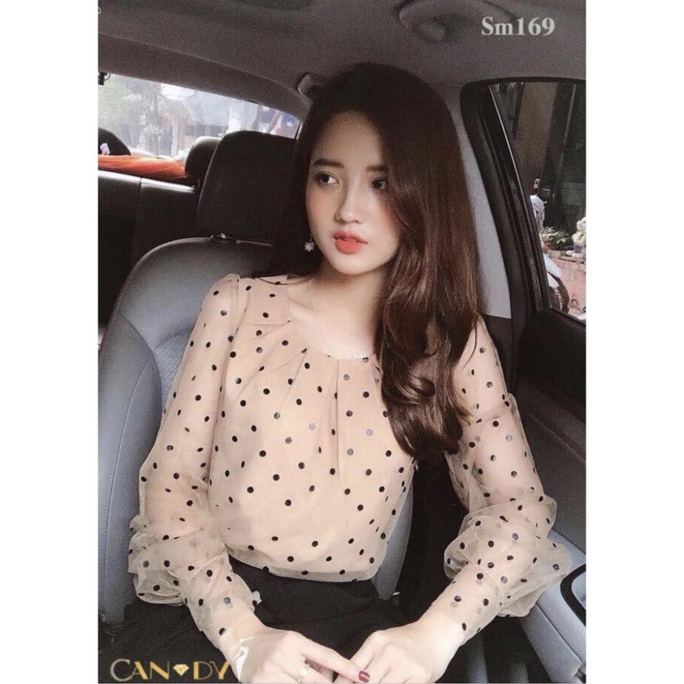 Áo Sơ Mi Nữ Đẹp VNXK Thiết Kết Cao Cấp - Áo Công Sở Nữ Voan Lưới Thiết Kế Chấm Bi 2 Lớp Tay Dài SM169 TINI Shop