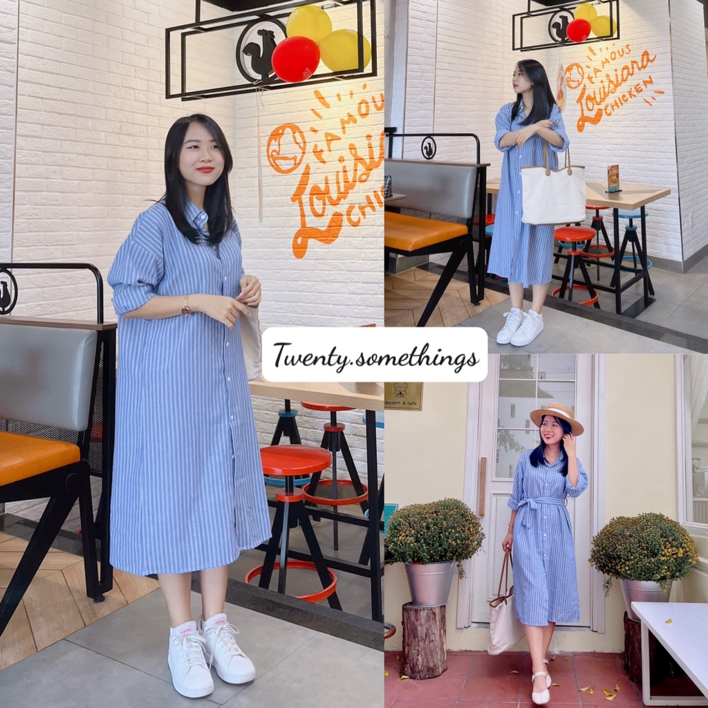 Đầm Sơ Mi Kẻ Xanh Dài Form Suông + Đai (ảnh thật/video/sẵn)