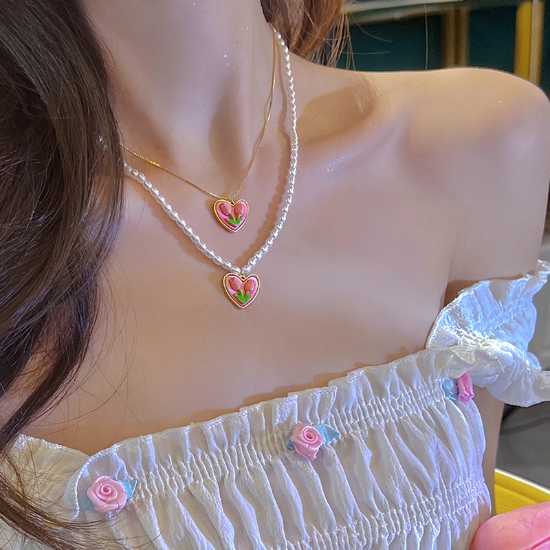 Vòng cổ Mặt Hình Hoa Tulip Đính Ngọc Trai