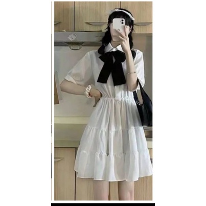 Váy Tiểu Thư Cổ Đức Phối Nơ Đen Chất Von Mềm Mịn 2 Lớp Dày Dặn ( Kèm Ảnh Thật)