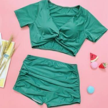 BIkini 2 mảnh áo cộc tay xoắn bụng quần nhún, bộ bơi rời đi biển cho nữ quần đùi | BigBuy360 - bigbuy360.vn