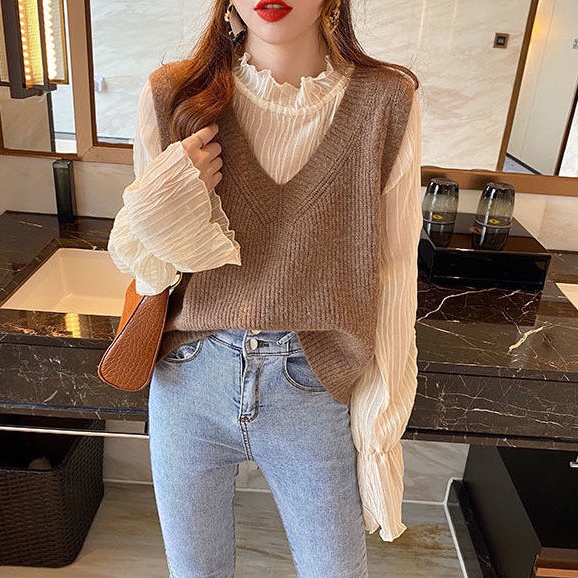 Áo len không tay cổ chữ v dáng rộng thời trang dành cho nữ