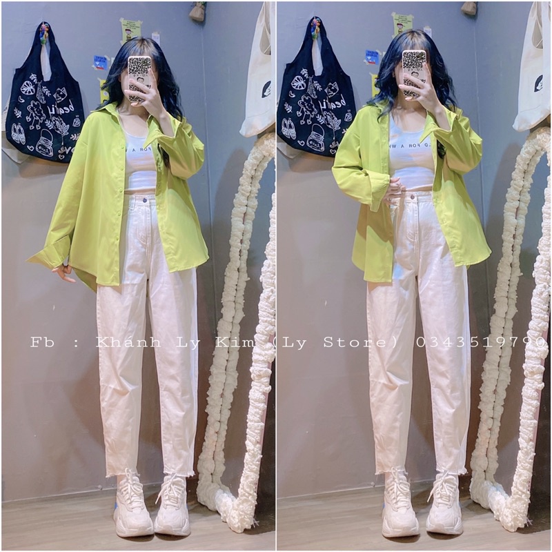 (Hình shop chụp) Sơmi xanh cốm hot trend , quần kaki jean trắng form baggy lưng cao | BigBuy360 - bigbuy360.vn