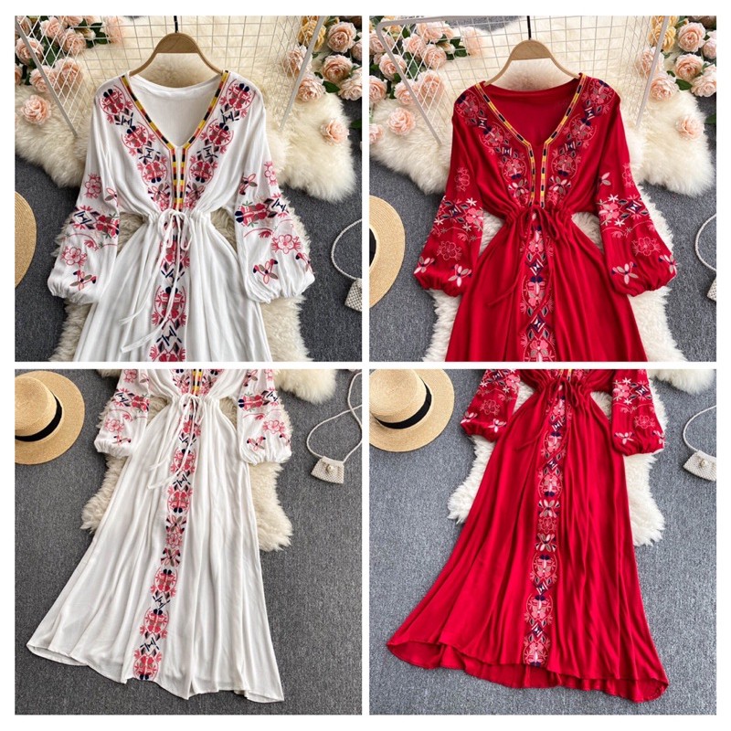 [HÀNG ORDER] Đầm thêu viền hoa thổ cẩm tiểu thư style boho cổ v eo rút dây tay dài bồng