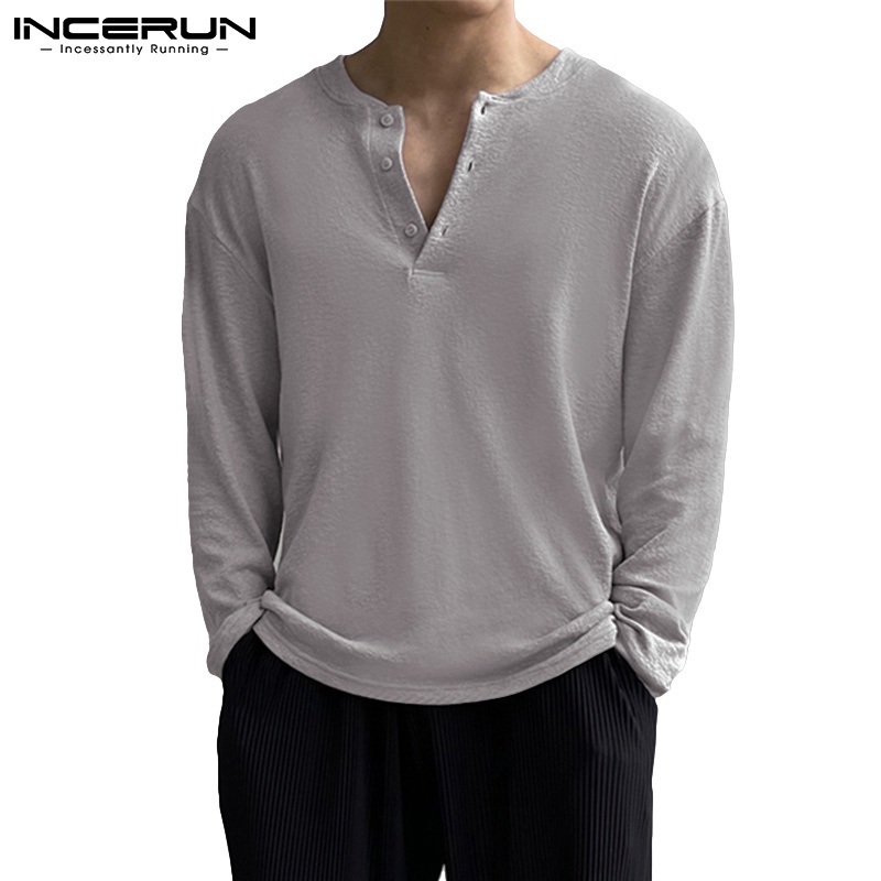 Áo thun INCERUN dài tay cổ chữ V màu trơn thời trang cho nam