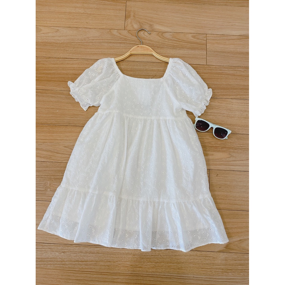 Đầm Trắng Zr Bé Gái Hoa Nhí Đục Lỗ Tiểu Thư MARUHOUSE Váy Cotton 2 Lớp Tay Phồng Xinh Xắn