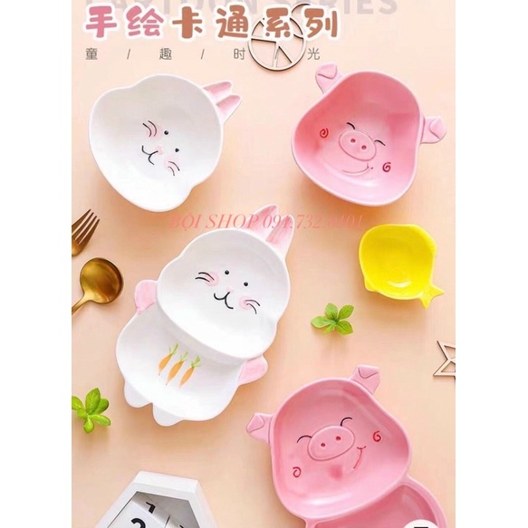 BÁT ĂN DẶM GỐM SỨ HÌNH THỎ TAI TRẮNG/ HEO HỒNG - BỘI SHOP