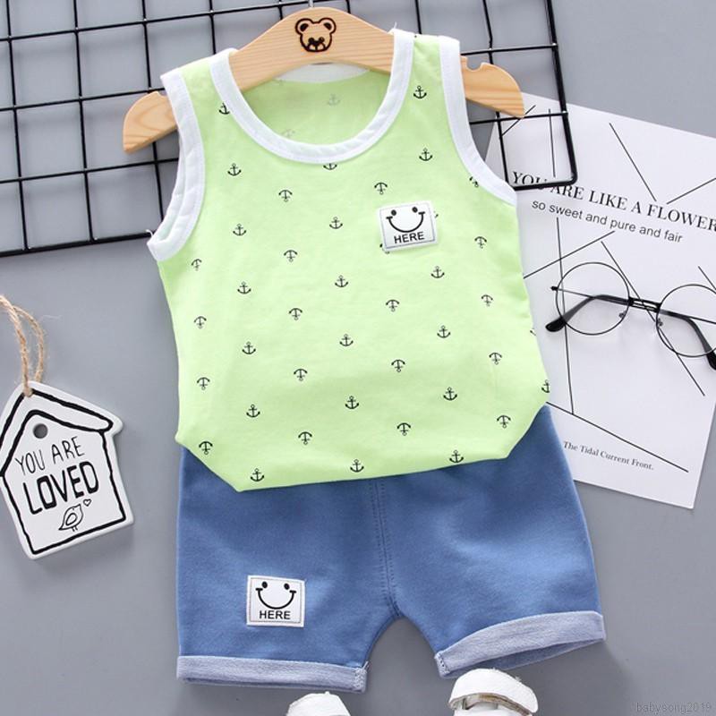 Bộ Áo Ba Lỗ In Hoa+Quần Short Denim Cho Bé Trai