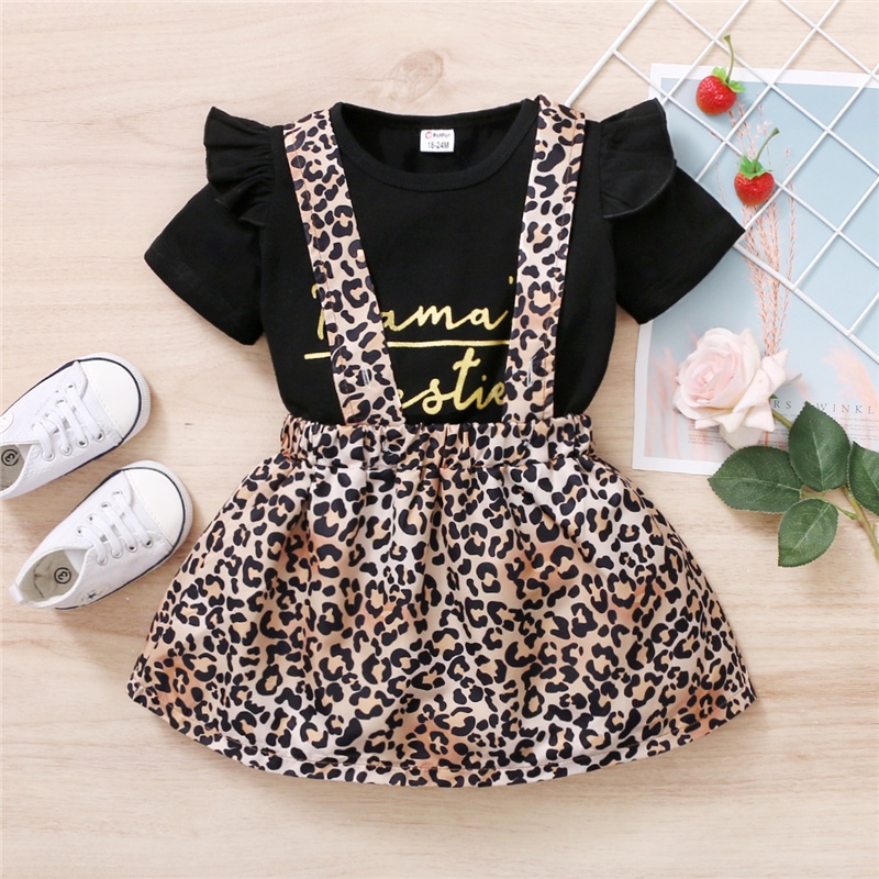 Set Quần Áo Mikrdoo Gồm Áo Thun Ngắn Tay In Chữ + Chân Váy Yếm Họa Tiết Da Báo Dễ Thương Cho Bé Gái