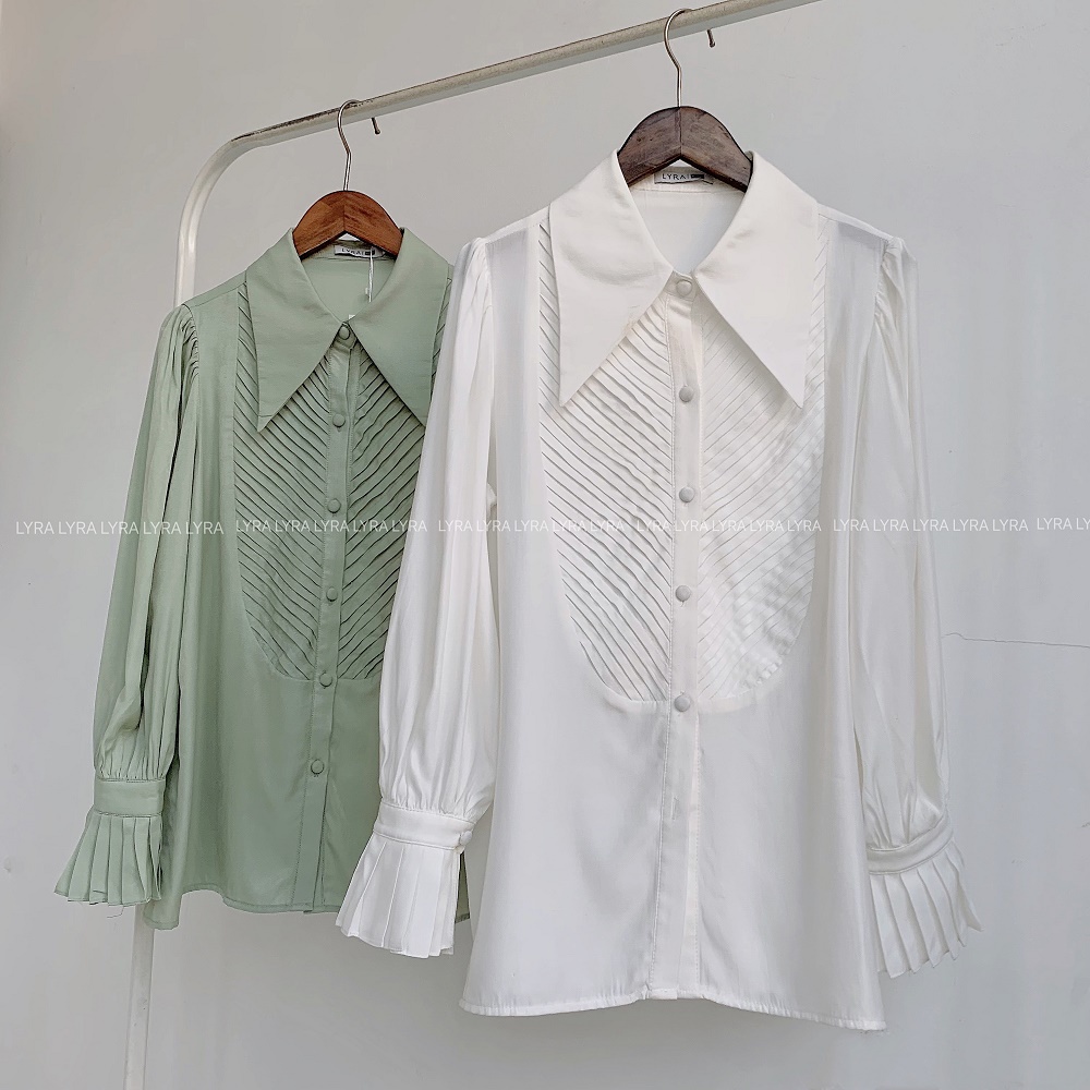 Áo sơ mi lụa thiết kế by LYRA, chất lụa cap cấp xếp ly ngực cổ lá sang chảnh, tiểu thư-LWTSM016