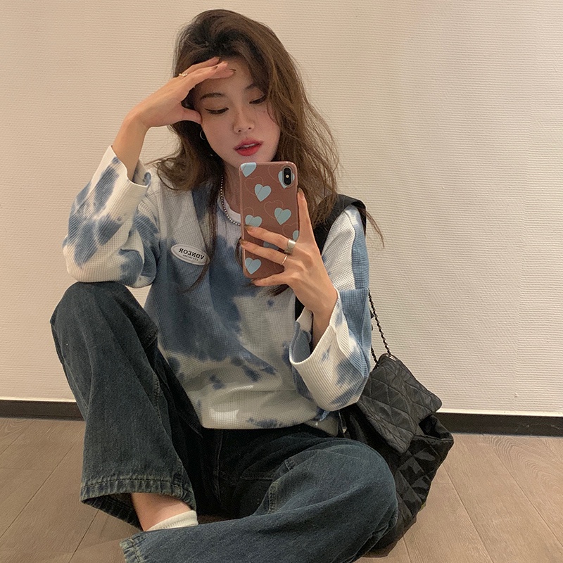 SUXI Áo Thun Tay Dài Nhuộm Màu Dáng Rộng Thời Trang Xuân Thu