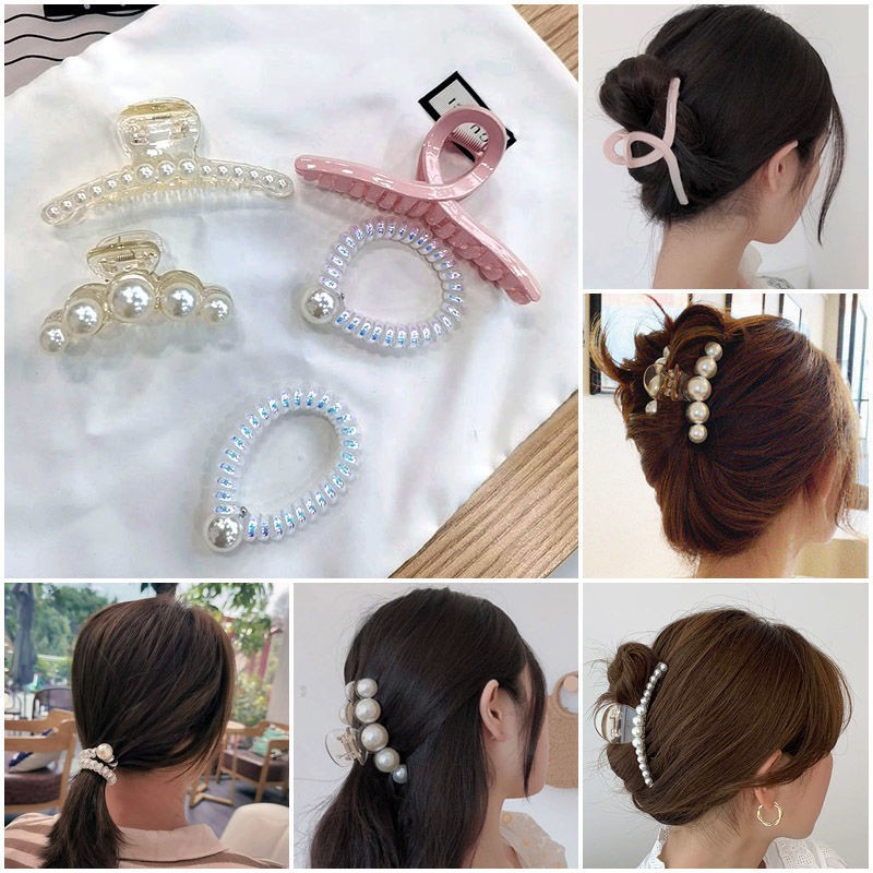 Sét 5 Kẹp Tóc Hàn Quốc Siêu Xinh Gồm 3 Kẹp Càng Cua và 2 Dây Buộc Tóc Lò Xo Đính Hạt