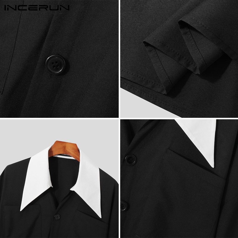 Áo sơ mi ngắn tay INCERUN phối màu tương phản thời trang công sở cho nam