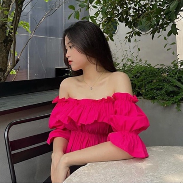 LANIE Áo croptop trễ vai mùa hè freesize chun hồng xanh lá BE MY LOVE TOP (hình ảnh tự sản xuất)