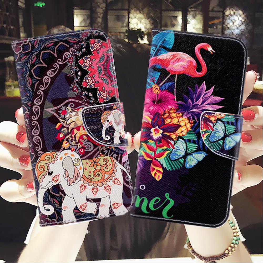 Bao da nắp gập dạng ví in hình xinh xắn cho IPhone XR X Xs Max