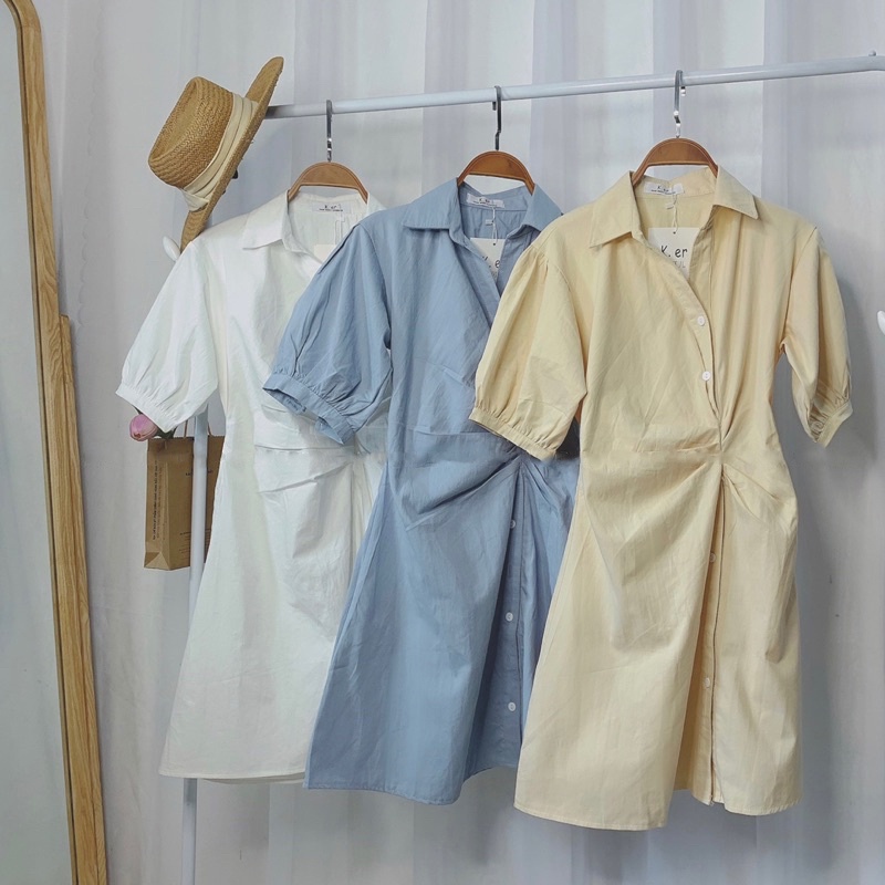Váy trắng body cổ sơ mi ngắn chiết chun eo ulzzang bo tay cộc cúc dọc , Đầm thiết kế dự tiệc dáng dài | BigBuy360 - bigbuy360.vn