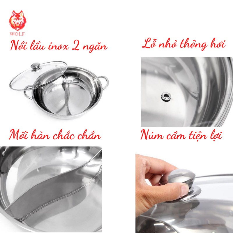 Nồi Lẩu Inox Hai Ngăn Đa Năng Nấu Được Bếp Từ Có Nắp Kính