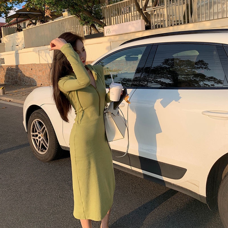 COZOK Đầm hoodie tay dài phối khoá kéo