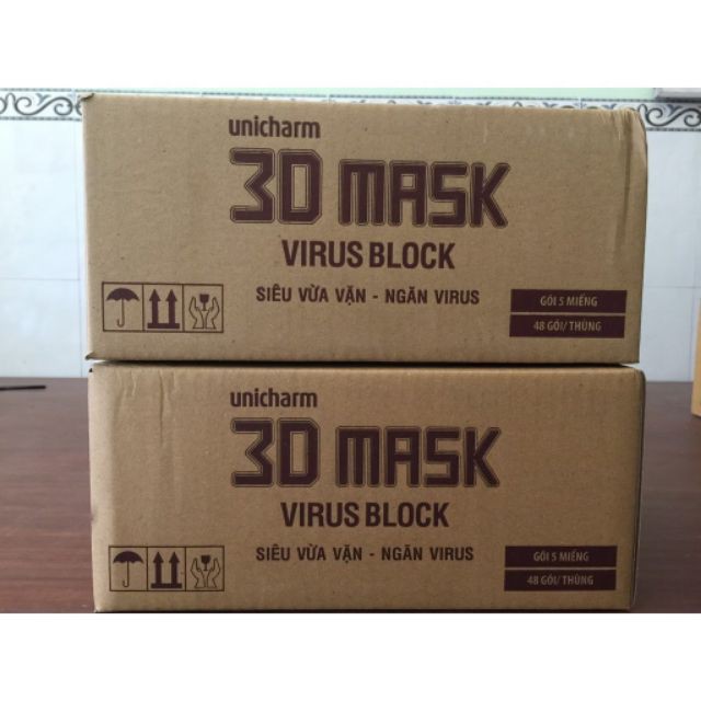 Thùng Khẩu Trang Unicharm 3D Mask Virus Block Ngăn Virus (48 Gói , 5 cái/ gói )
